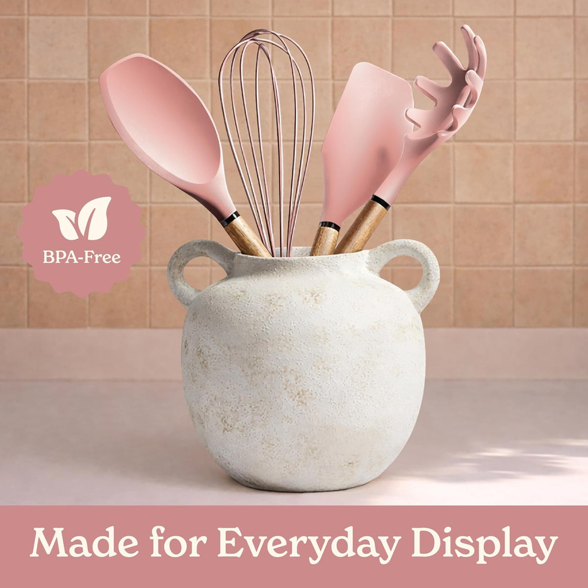 Non Stick Silicone Utensil Set with Rounded Wood Handles for Cooking and Baking, 8 Piece Set, Pink