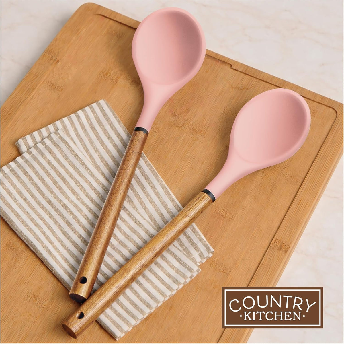 Non Stick Silicone Utensil Set with Rounded Wood Handles for Cooking and Baking, 8 Piece Set, Pink