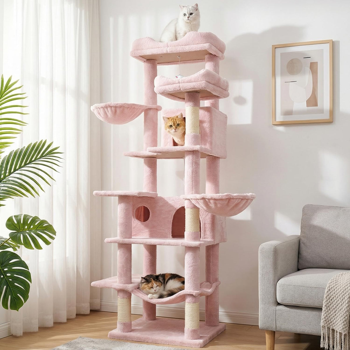 68 Inches Multi-Level Large and Tall Cat Tree Tower for Indoor Cats/Removable Pad/Cat Condo/Sisal Scratching Posts/Hammock/Cat Activity Center/Wide Base Pink