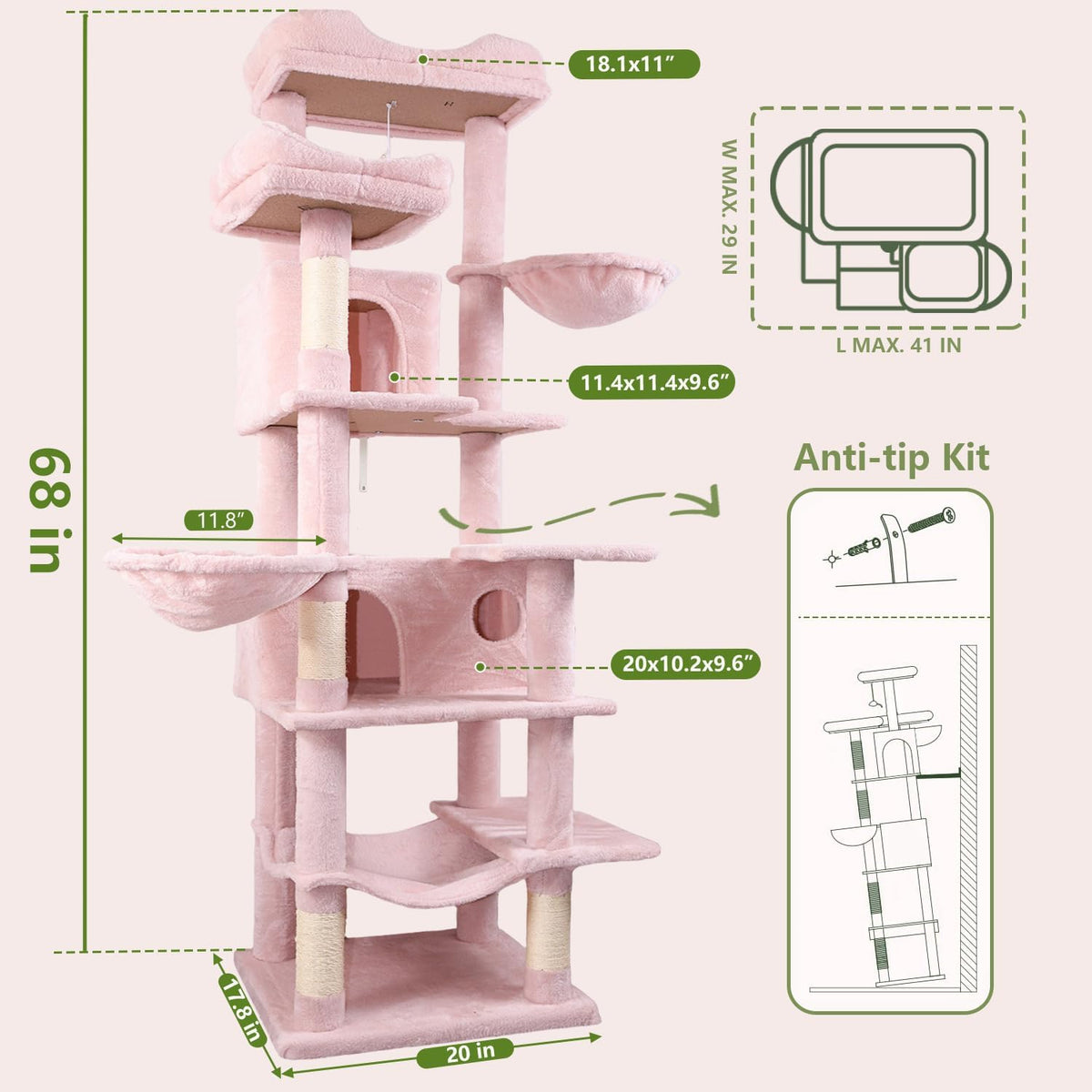 68 Inches Multi-Level Large and Tall Cat Tree Tower for Indoor Cats/Removable Pad/Cat Condo/Sisal Scratching Posts/Hammock/Cat Activity Center/Wide Base Pink