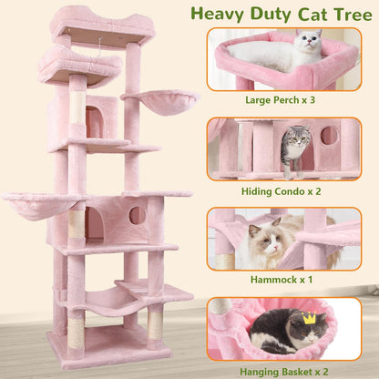 68 Inches Multi-Level Large and Tall Cat Tree Tower for Indoor Cats/Removable Pad/Cat Condo/Sisal Scratching Posts/Hammock/Cat Activity Center/Wide Base Pink