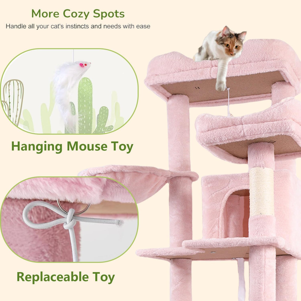 68 Inches Multi-Level Large and Tall Cat Tree Tower for Indoor Cats/Removable Pad/Cat Condo/Sisal Scratching Posts/Hammock/Cat Activity Center/Wide Base Pink