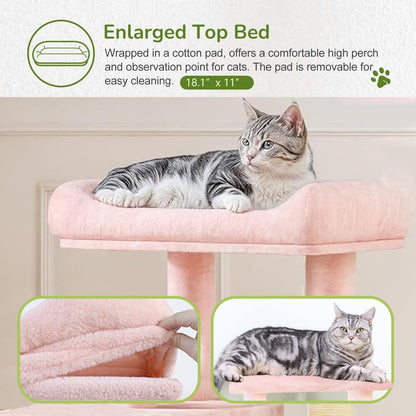 68 Inches Multi-Level Large and Tall Cat Tree Tower for Indoor Cats/Removable Pad/Cat Condo/Sisal Scratching Posts/Hammock/Cat Activity Center/Wide Base Pink
