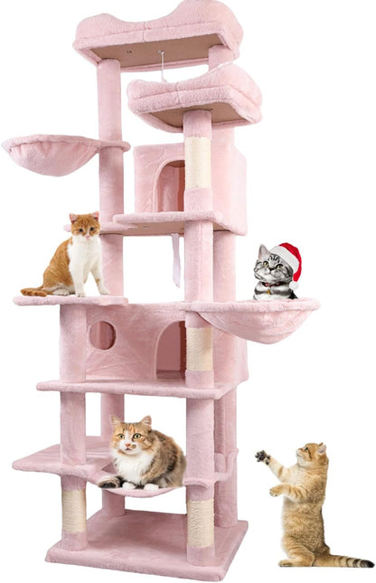68 Inches Multi-Level Large and Tall Cat Tree Tower for Indoor Cats/Removable Pad/Cat Condo/Sisal Scratching Posts/Hammock/Cat Activity Center/Wide Base Pink