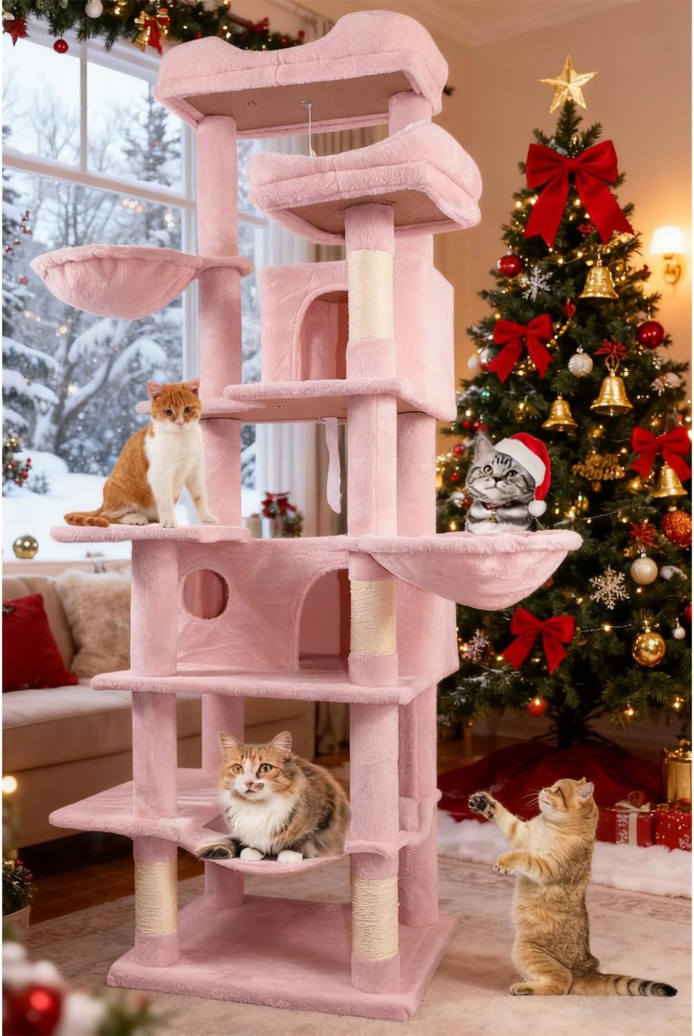 68 Inches Multi-Level Large and Tall Cat Tree Tower for Indoor Cats/Removable Pad/Cat Condo/Sisal Scratching Posts/Hammock/Cat Activity Center/Wide Base Pink