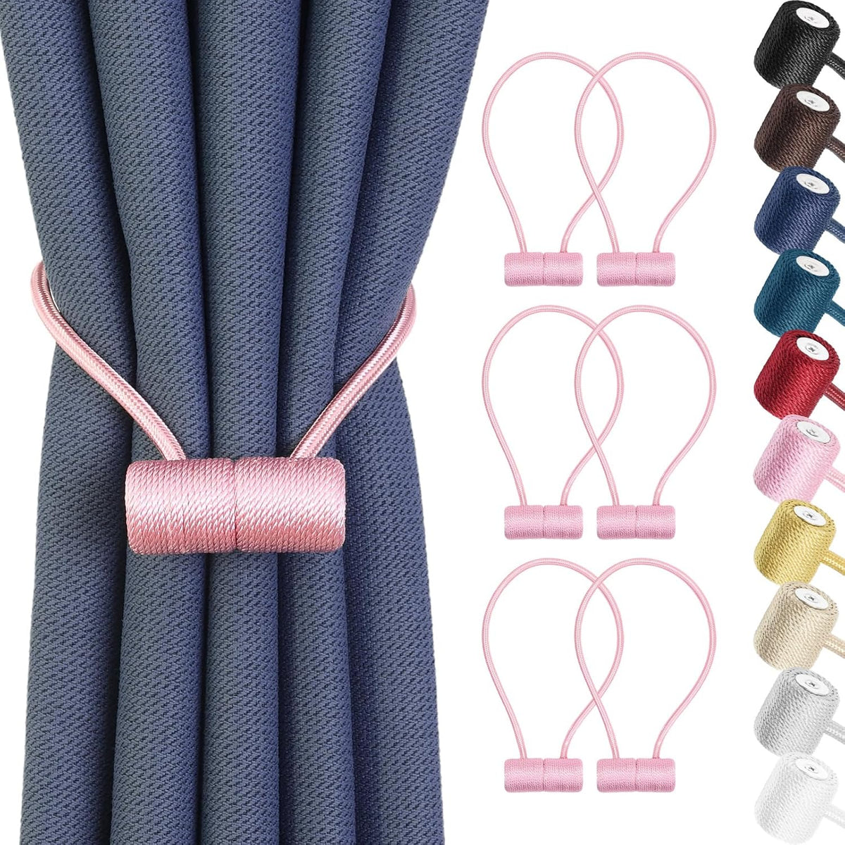 Magnetic Curtain Tiebacks 6 Pack, Tiebacks with Strong Magnet for Outdoor Curtains - Pink