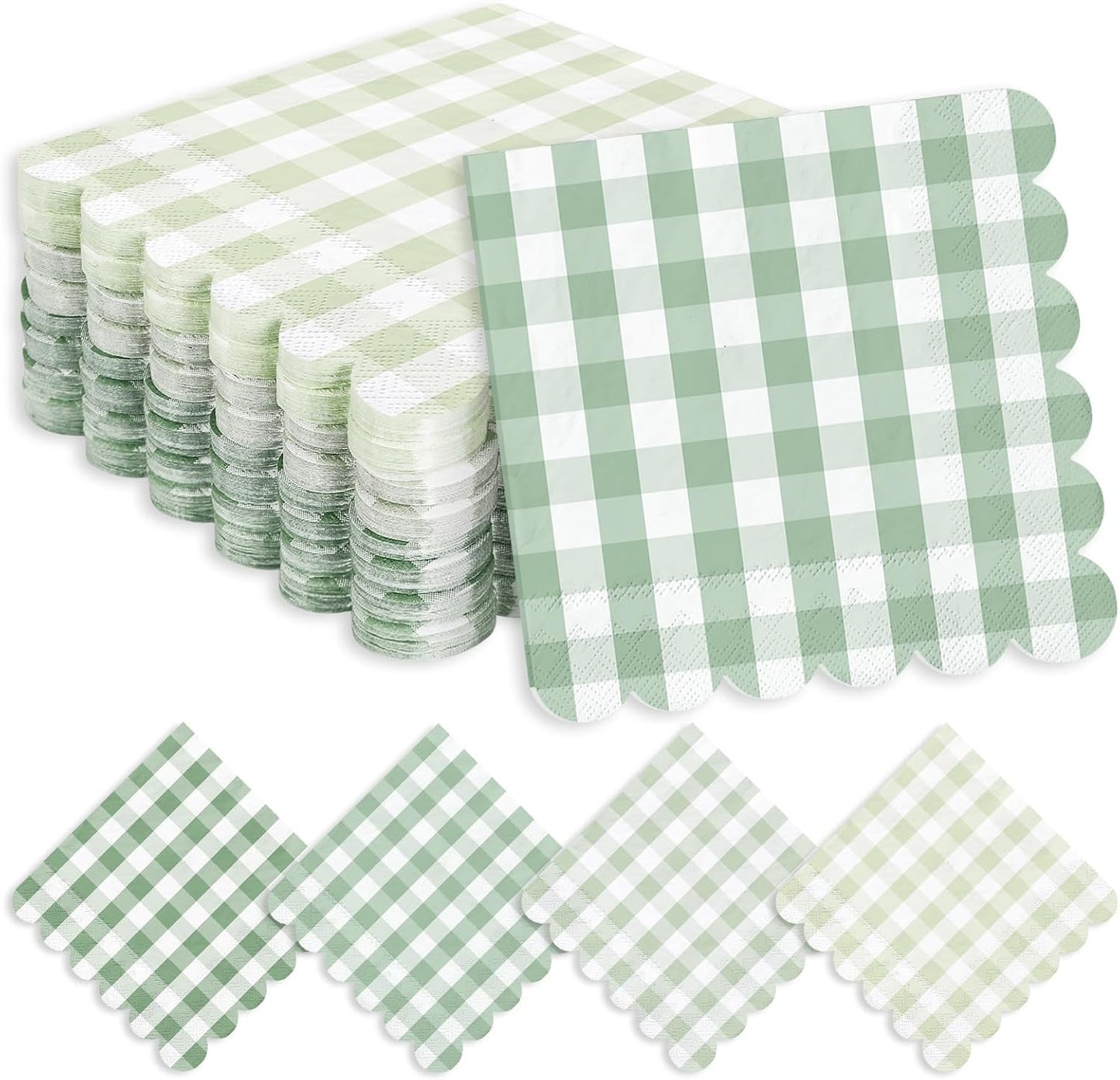 Whaline 100 Pcs Sage Green Gingham Cocktail Napkins 5 x 5 Inch Scalloped Plaid Beverage Napkin for Summer Picnic Barbecue Wedding Birthday Baby Bridal Shower Party Supplies