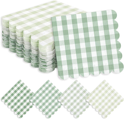 Whaline 100 Pcs Sage Green Gingham Cocktail Napkins 5 x 5 Inch Scalloped Plaid Beverage Napkin for Summer Picnic Barbecue Wedding Birthday Baby Bridal Shower Party Supplies