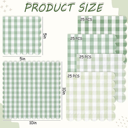 Whaline 100 Pcs Sage Green Gingham Cocktail Napkins 5 x 5 Inch Scalloped Plaid Beverage Napkin for Summer Picnic Barbecue Wedding Birthday Baby Bridal Shower Party Supplies