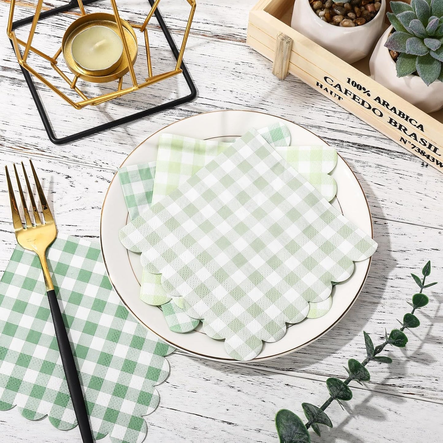 Whaline 100 Pcs Sage Green Gingham Cocktail Napkins 5 x 5 Inch Scalloped Plaid Beverage Napkin for Summer Picnic Barbecue Wedding Birthday Baby Bridal Shower Party Supplies