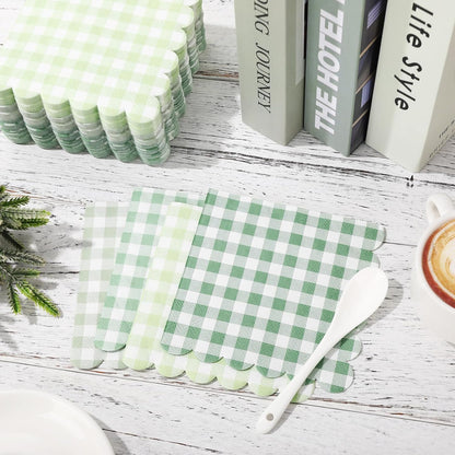 Whaline 100 Pcs Sage Green Gingham Cocktail Napkins 5 x 5 Inch Scalloped Plaid Beverage Napkin for Summer Picnic Barbecue Wedding Birthday Baby Bridal Shower Party Supplies