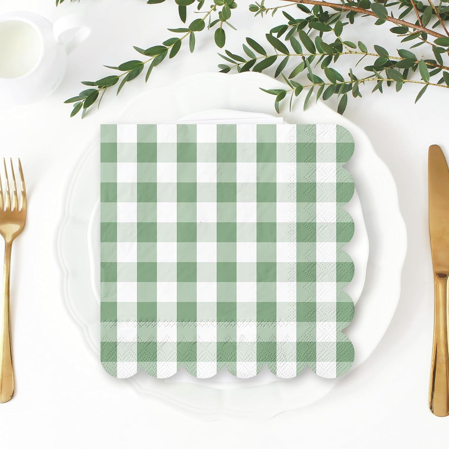 Whaline 100 Pcs Sage Green Gingham Cocktail Napkins 5 x 5 Inch Scalloped Plaid Beverage Napkin for Summer Picnic Barbecue Wedding Birthday Baby Bridal Shower Party Supplies