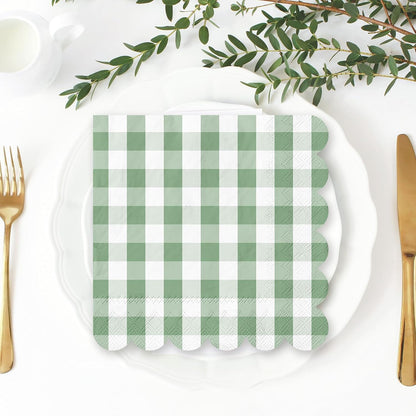 Whaline 100 Pcs Sage Green Gingham Cocktail Napkins 5 x 5 Inch Scalloped Plaid Beverage Napkin for Summer Picnic Barbecue Wedding Birthday Baby Bridal Shower Party Supplies