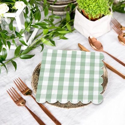 Whaline 100 Pcs Sage Green Gingham Cocktail Napkins 5 x 5 Inch Scalloped Plaid Beverage Napkin for Summer Picnic Barbecue Wedding Birthday Baby Bridal Shower Party Supplies