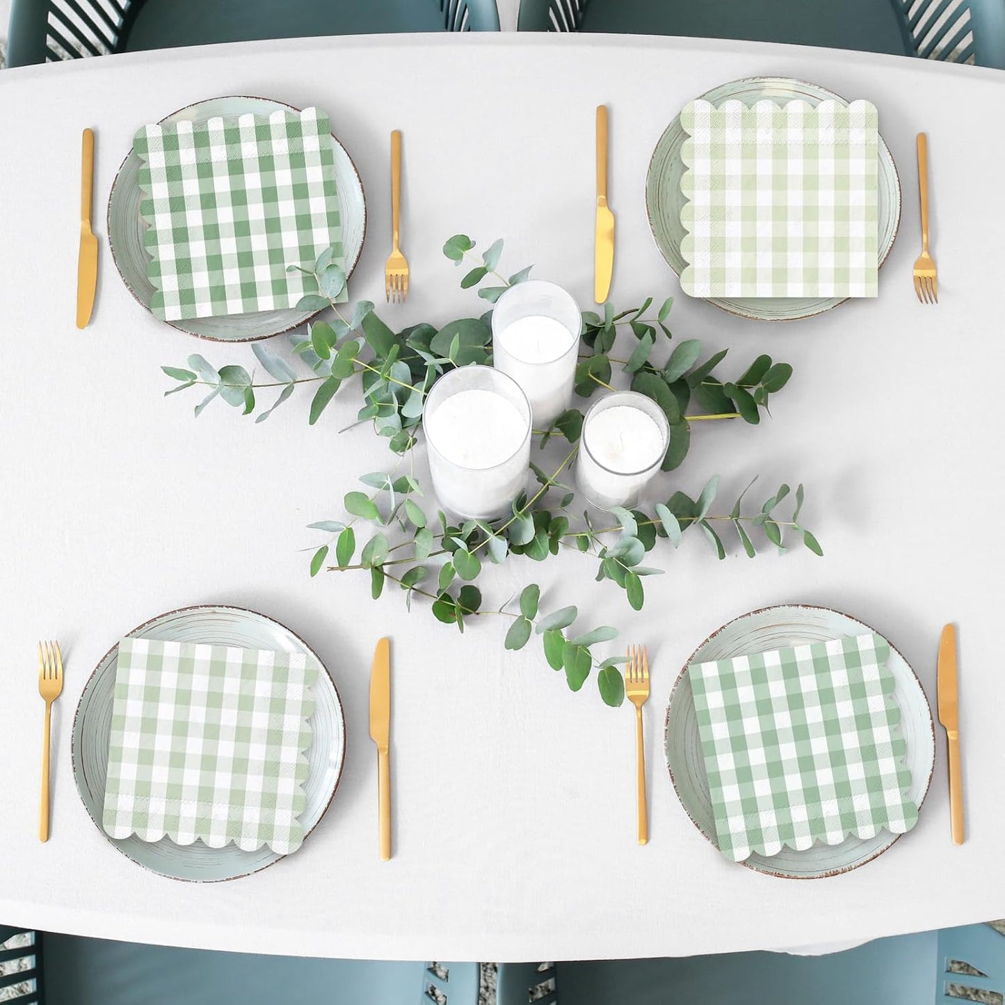 Whaline 100 Pcs Sage Green Gingham Cocktail Napkins 5 x 5 Inch Scalloped Plaid Beverage Napkin for Summer Picnic Barbecue Wedding Birthday Baby Bridal Shower Party Supplies