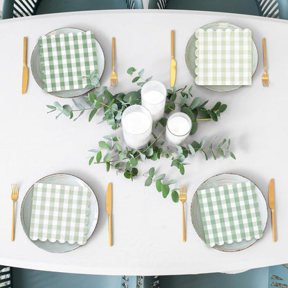 Whaline 100 Pcs Sage Green Gingham Cocktail Napkins 5 x 5 Inch Scalloped Plaid Beverage Napkin for Summer Picnic Barbecue Wedding Birthday Baby Bridal Shower Party Supplies