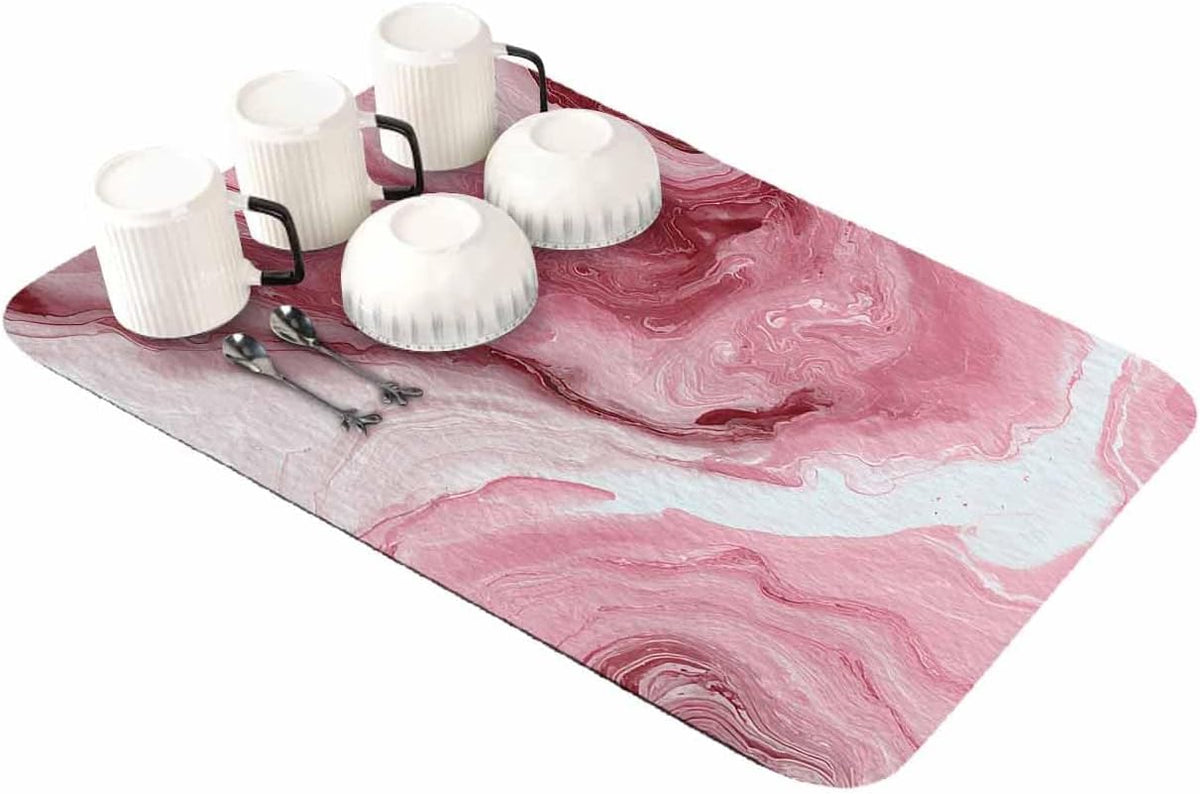 Pink Marble Dish Drying Mat for Kitchen Counter, Absorbent Quick Dry Coffee Bar Mat Pad Thin Diatomaceous Sink Mats, Summer Ocean Wave Red Ombre Non Slip Dish Drainer Mats 16''x24''