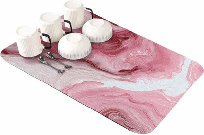 Pink Marble Dish Drying Mat for Kitchen Counter, Absorbent Quick Dry Coffee Bar Mat Pad Thin Diatomaceous Sink Mats, Summer Ocean Wave Red Ombre Non Slip Dish Drainer Mats 16''x24''