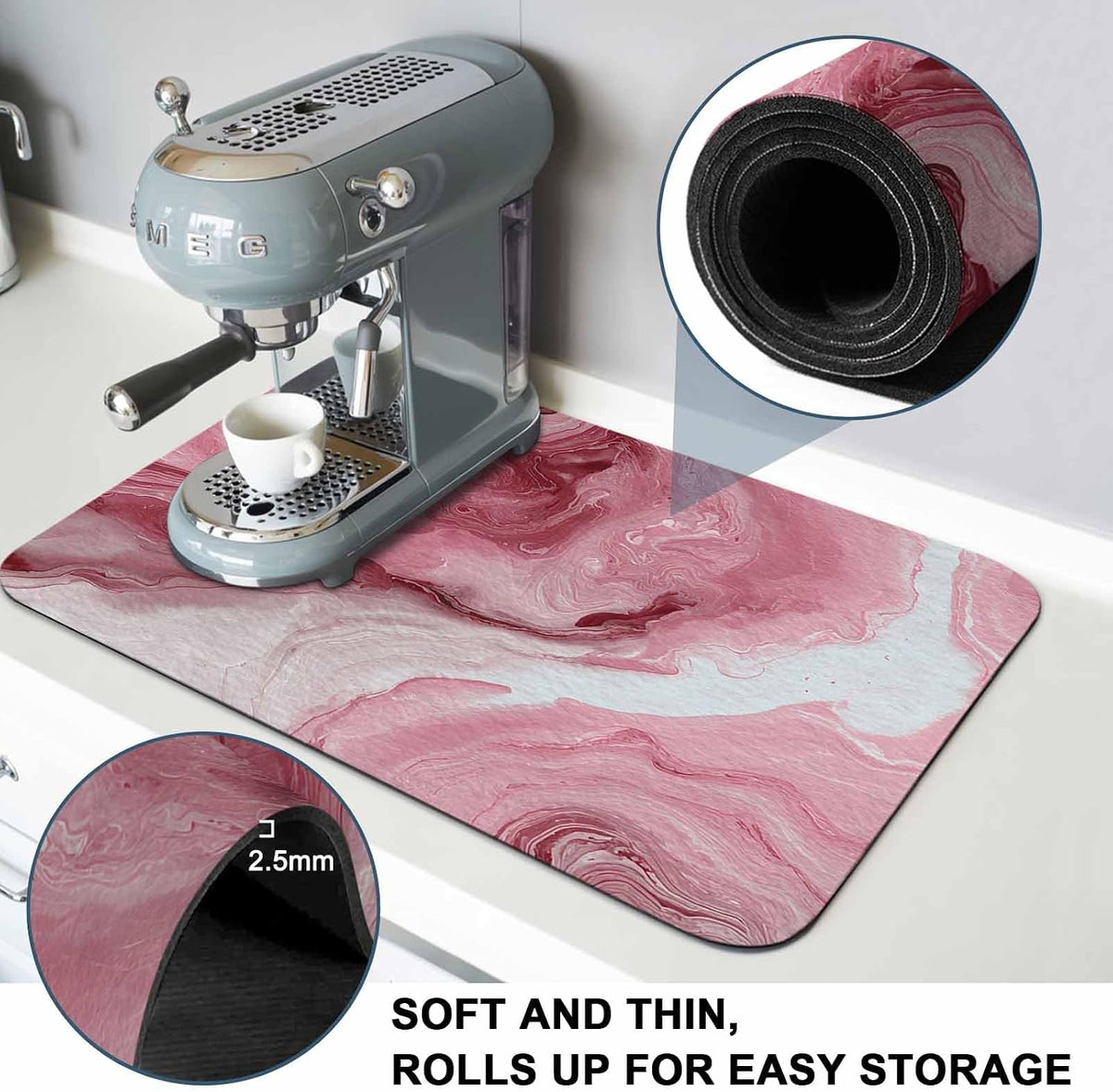 Pink Marble Dish Drying Mat for Kitchen Counter, Absorbent Quick Dry Coffee Bar Mat Pad Thin Diatomaceous Sink Mats, Summer Ocean Wave Red Ombre Non Slip Dish Drainer Mats 16''x24''