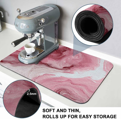Pink Marble Dish Drying Mat for Kitchen Counter, Absorbent Quick Dry Coffee Bar Mat Pad Thin Diatomaceous Sink Mats, Summer Ocean Wave Red Ombre Non Slip Dish Drainer Mats 16''x24''
