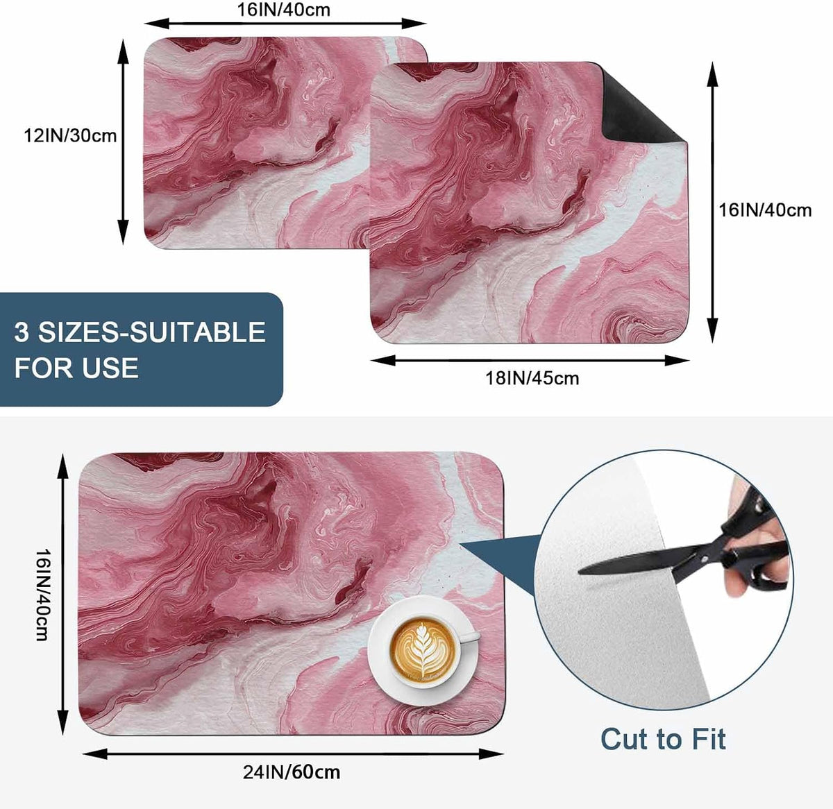Pink Marble Dish Drying Mat for Kitchen Counter, Absorbent Quick Dry Coffee Bar Mat Pad Thin Diatomaceous Sink Mats, Summer Ocean Wave Red Ombre Non Slip Dish Drainer Mats 16''x24''