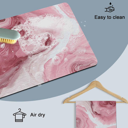 Pink Marble Dish Drying Mat for Kitchen Counter, Absorbent Quick Dry Coffee Bar Mat Pad Thin Diatomaceous Sink Mats, Summer Ocean Wave Red Ombre Non Slip Dish Drainer Mats 16''x24''
