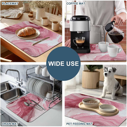 Pink Marble Dish Drying Mat for Kitchen Counter, Absorbent Quick Dry Coffee Bar Mat Pad Thin Diatomaceous Sink Mats, Summer Ocean Wave Red Ombre Non Slip Dish Drainer Mats 16''x24''