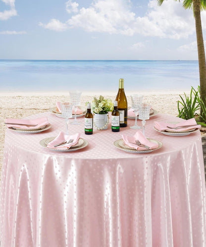 Blush Pink Polka Dot Satin Round Table Cloth 90 x 90 Inches,Blush Pink Round Tablecloth for Party Stain Resistant Wrinkle Free Silkly Soft Table Cloths for Dining Room, Indoor and Outdoor Use