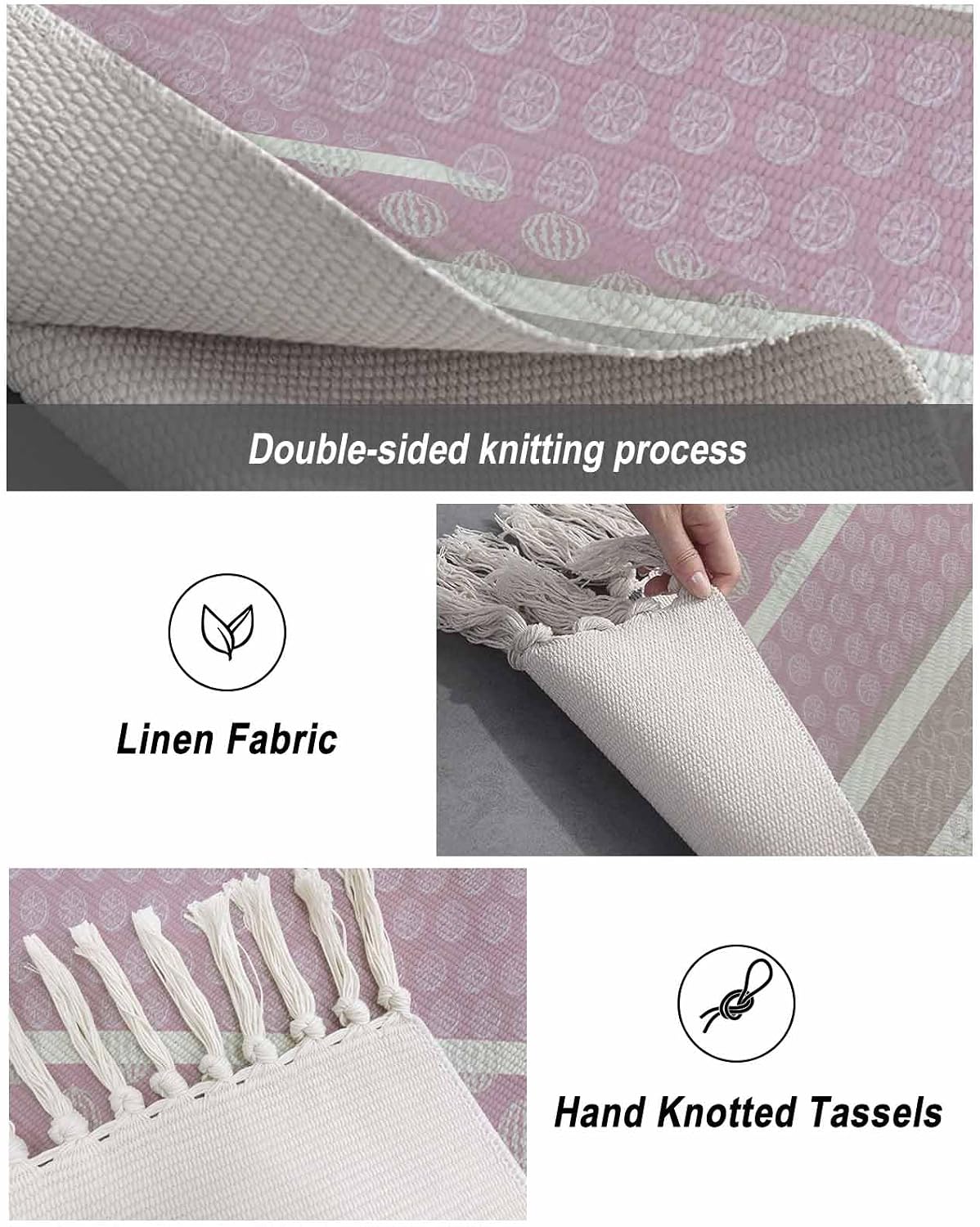 Farm Fruits Kitchen Runner Rug 2'x6' Bedside Rug with Tassels Washable Woven Area Rugs Watermelon Lemons Peach Pink Grey Striped Hallway Rugs Indoor Throw Carpet for Bathroom Bedroom Living Room