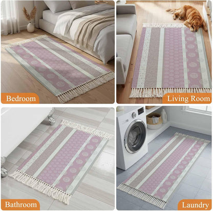 Farm Fruits Kitchen Runner Rug 2'x6' Bedside Rug with Tassels Washable Woven Area Rugs Watermelon Lemons Peach Pink Grey Striped Hallway Rugs Indoor Throw Carpet for Bathroom Bedroom Living Room
