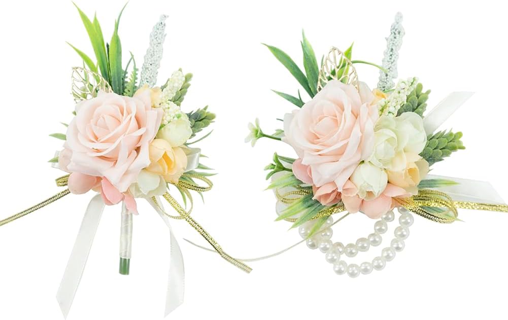 2Pcs Blush Pink Wrist Corsage and Boutonniere Set for Prom Wedding