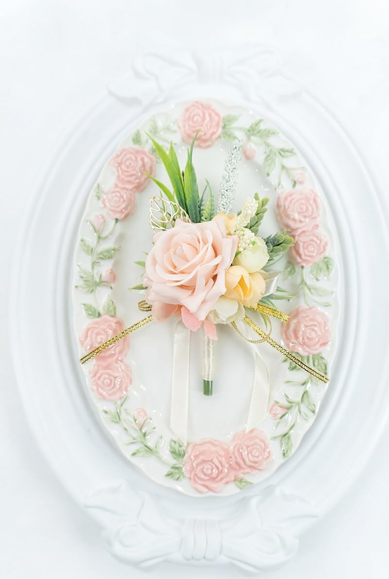 2Pcs Blush Pink Wrist Corsage and Boutonniere Set for Prom Wedding