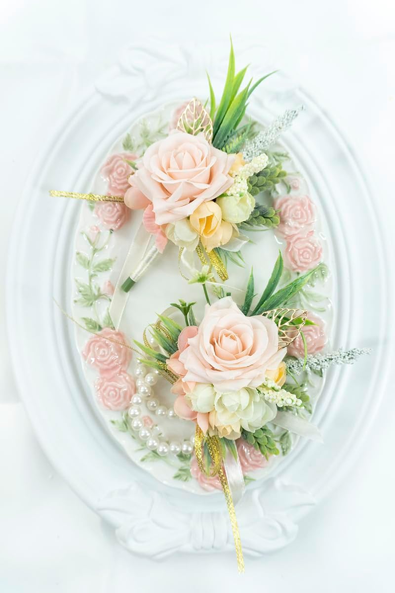 2Pcs Blush Pink Wrist Corsage and Boutonniere Set for Prom Wedding