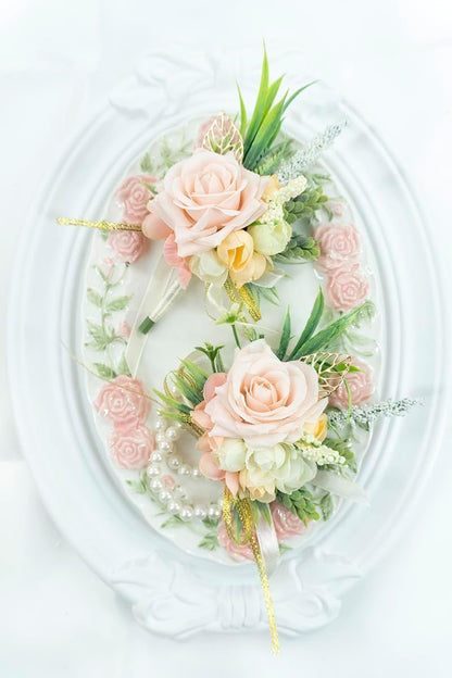 2Pcs Blush Pink Wrist Corsage and Boutonniere Set for Prom Wedding