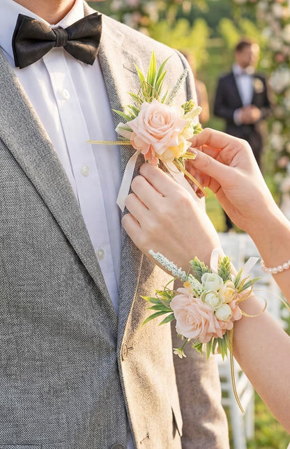 2Pcs Blush Pink Wrist Corsage and Boutonniere Set for Prom Wedding