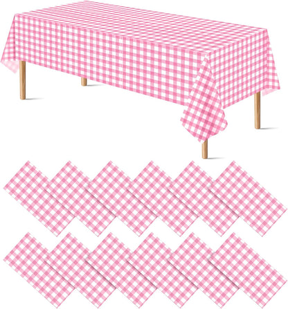 12Pack Pink and White Disposable Plastic Checkered Tablecloth, 54x108 Inch