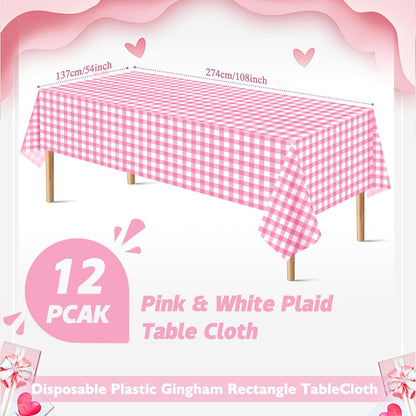 12Pack Pink and White Disposable Plastic Checkered Tablecloth, 54x108 Inch