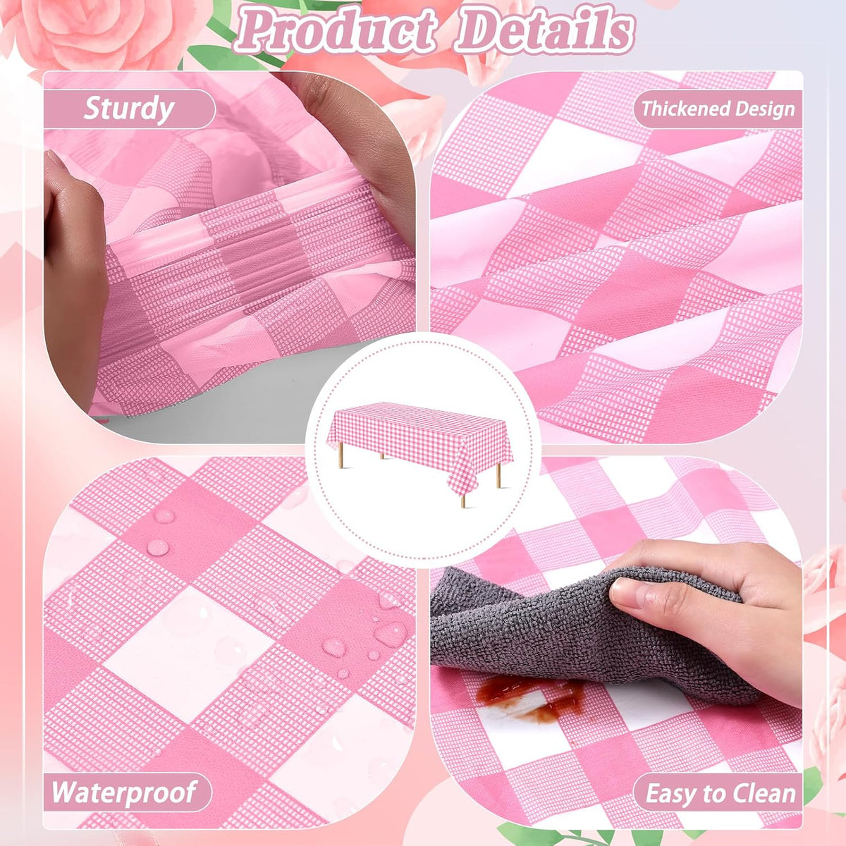 12Pack Pink and White Disposable Plastic Checkered Tablecloth, 54x108 Inch