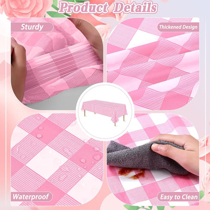 12Pack Pink and White Disposable Plastic Checkered Tablecloth, 54x108 Inch