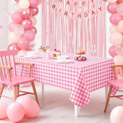 12Pack Pink and White Disposable Plastic Checkered Tablecloth, 54x108 Inch