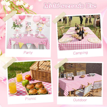 12Pack Pink and White Disposable Plastic Checkered Tablecloth, 54x108 Inch