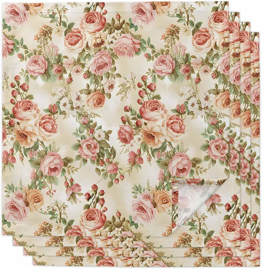 Vintage Watercolor Rose Flower Cloth Napkins Set of 4,Washable Soft Dinner Napkins Pink Floral Green Leaf Reuseable Table Napkin for Wedding Parties Holiday Events