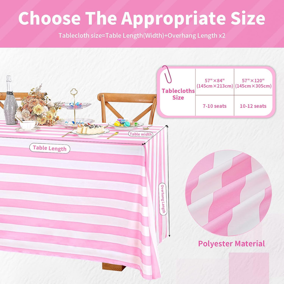 Pink and White Striped Rectangle Tablecloth 57x120 Inch Valentine Decor