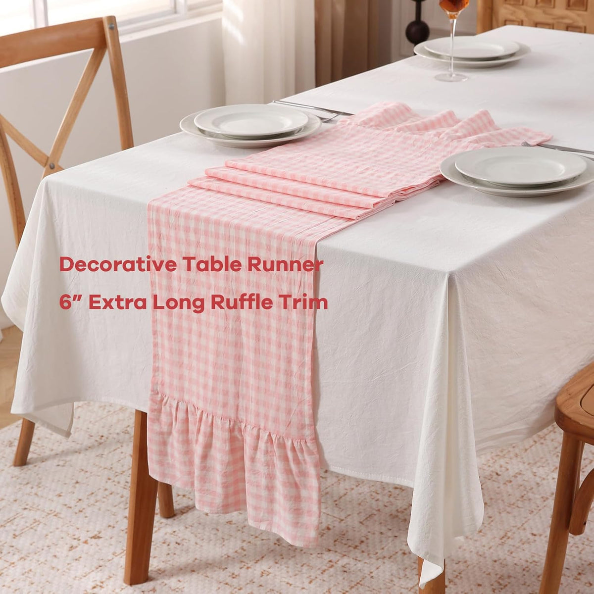 Peachy Blush White Plaid Gingham Ruffle Table Runner Cabinet Cover 13"x72"