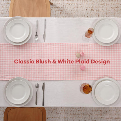 Peachy Blush White Plaid Gingham Ruffle Table Runner Cabinet Cover 13"x72"