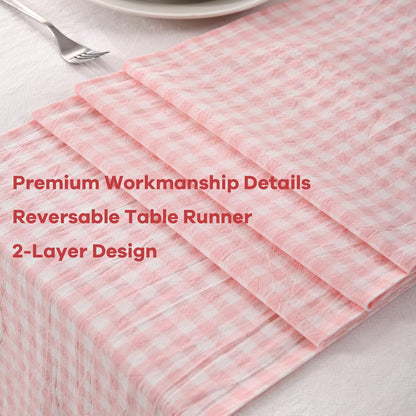 Peachy Blush White Plaid Gingham Ruffle Table Runner Cabinet Cover 13"x72"