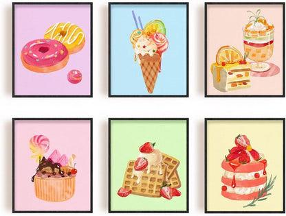 Wall Art Set of 6 Unframed Canvas Prints, Dessert Poster, Ice Cream, Cake, Pink Modern Art, Girls Bedroom Decor, 20x25cm