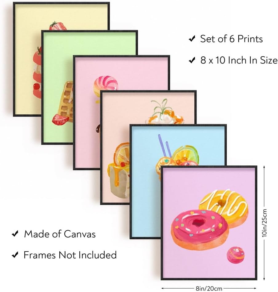 Wall Art Set of 6 Unframed Canvas Prints, Dessert Poster, Ice Cream, Cake, Pink Modern Art, Girls Bedroom Decor, 20x25cm