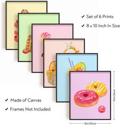Wall Art Set of 6 Unframed Canvas Prints, Dessert Poster, Ice Cream, Cake, Pink Modern Art, Girls Bedroom Decor, 20x25cm