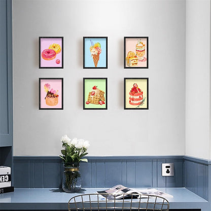 Wall Art Set of 6 Unframed Canvas Prints, Dessert Poster, Ice Cream, Cake, Pink Modern Art, Girls Bedroom Decor, 20x25cm
